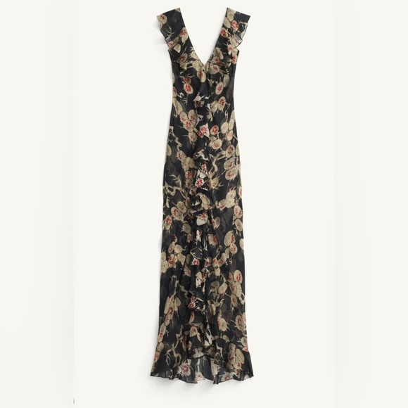 NWT KATE MOSS FOR ZARA black silk floral long dress size small & medium - Picture 1 of 14